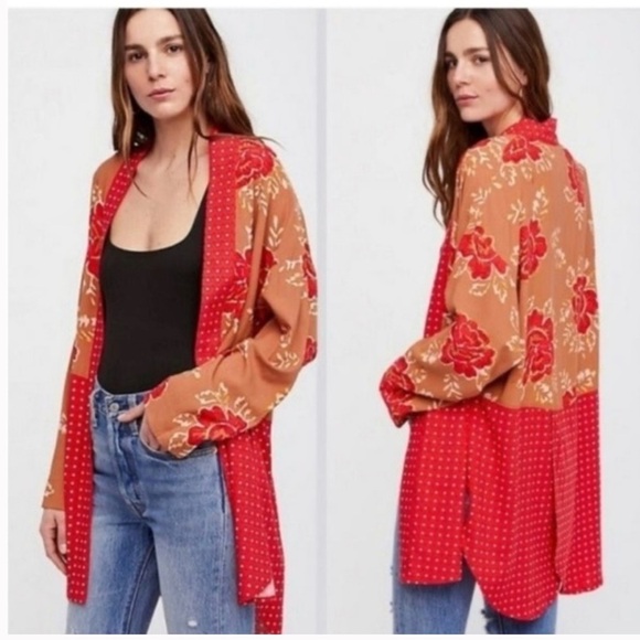 Free People Floral Red and Tan Kimono Cardigan | S - Picture 1 of 4